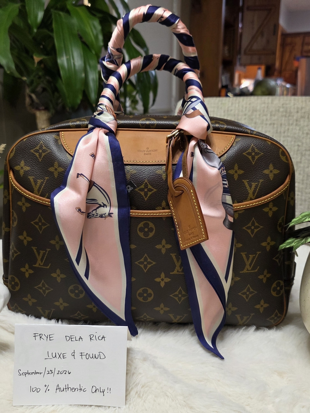 Louis Vuitton Monogram Canvas Satchel with Pink Scarf